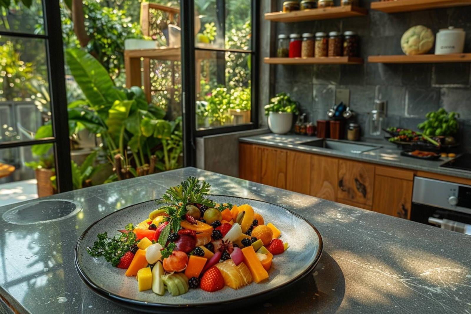 Table de cuisine garnie de légumes de saison variés, légumineuses, céréales et herbes fraîches dans des bols