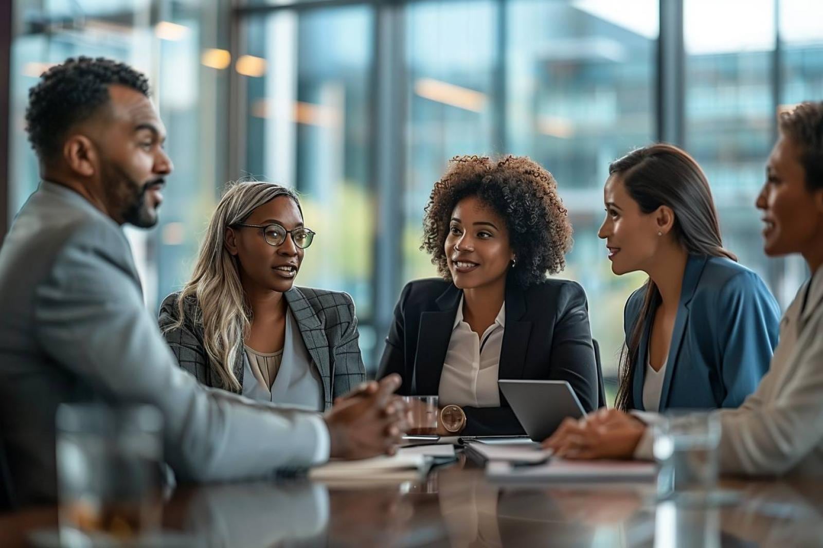 Réunion de travail entre un manager et une équipe commerciale analysant leurs objectifs de vente
