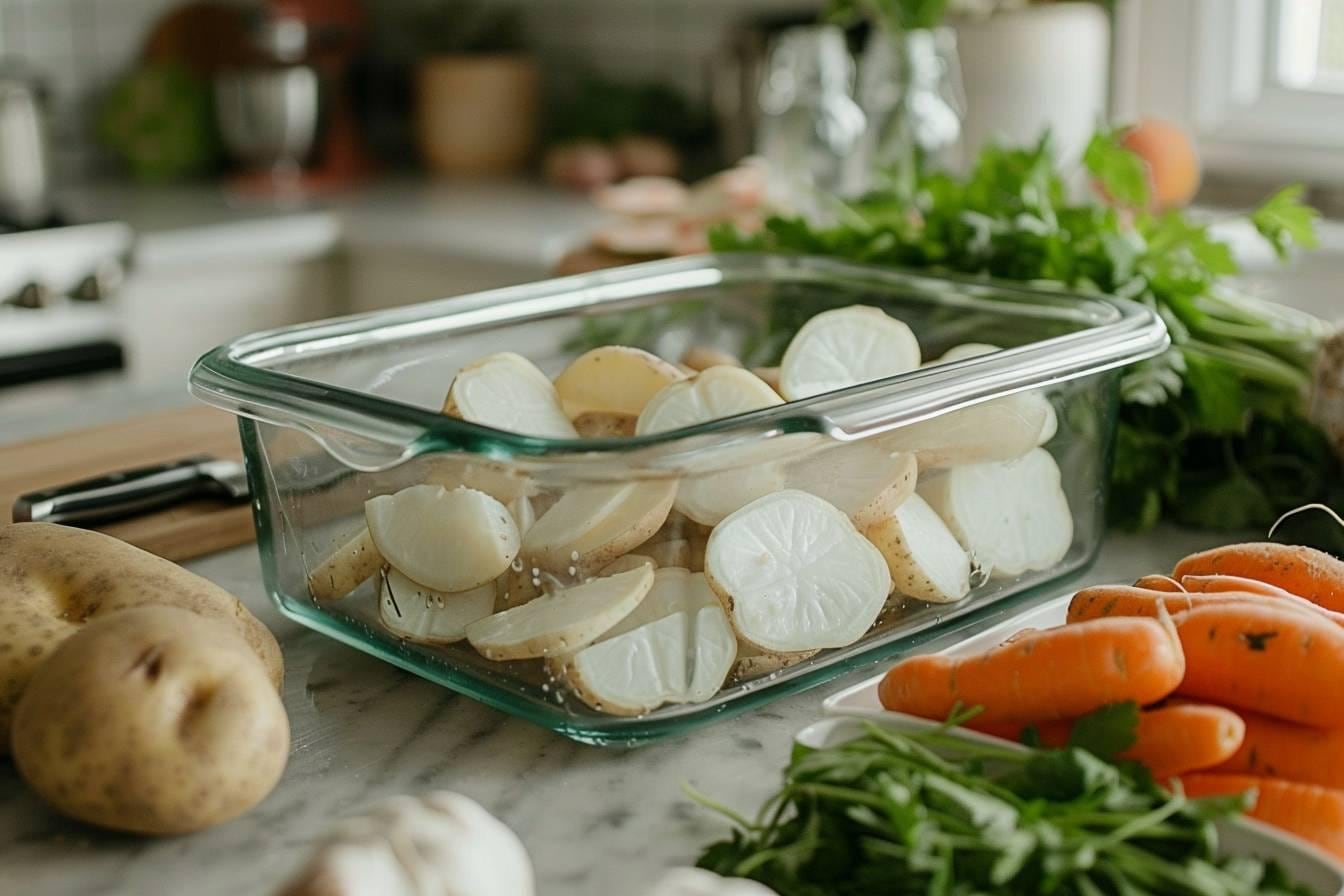Pommes de terre épluchées immergées dans un saladier d’eau froide sur un plan de cuisine