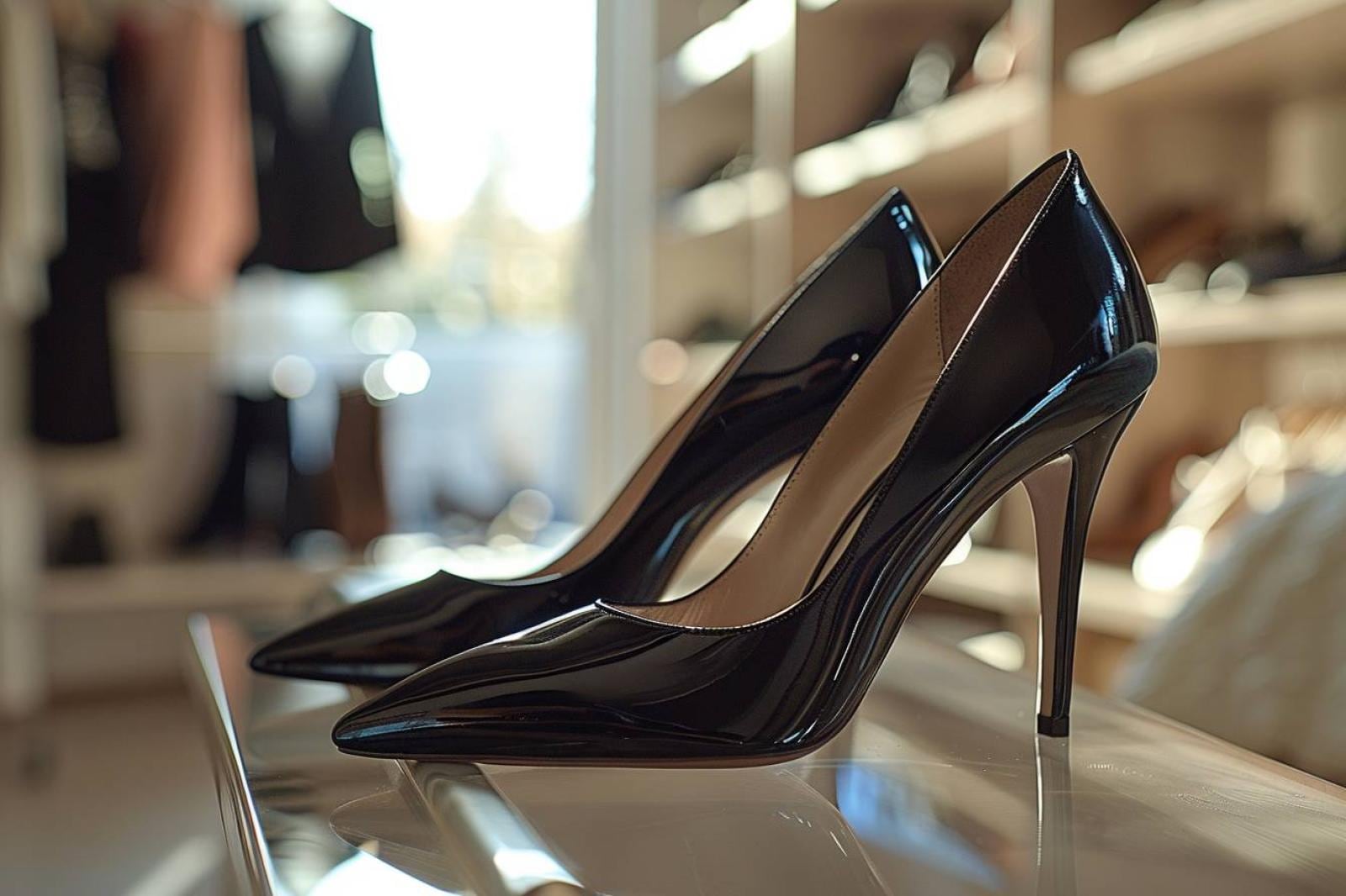 Paire d’escarpins femme noirs posée près d’une garde-robe capsule composée de vêtements neutres et d’un blazer