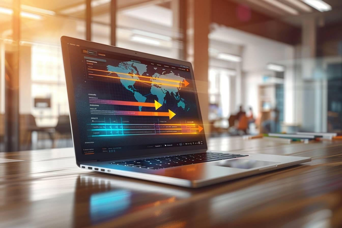 Équipe d’entreprise consultant les versions multilingues d’un site web sur un ordinateur portable