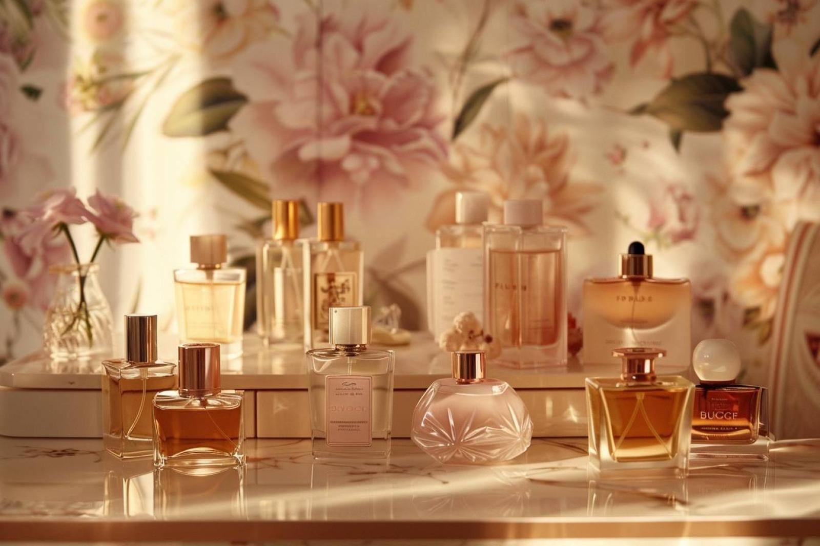 Flacon de parfum inspiré accompagné d’une crème corporelle neutre, d’un gel douche et de produits de beauté sur une coiffeuse lumineuse