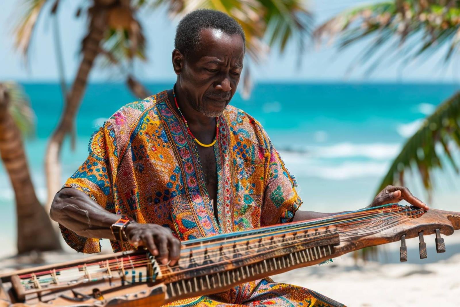 Ensemble de musiciens zanzibariens jouant des percussions et des instruments à cordes lors d’une prestation de taarab