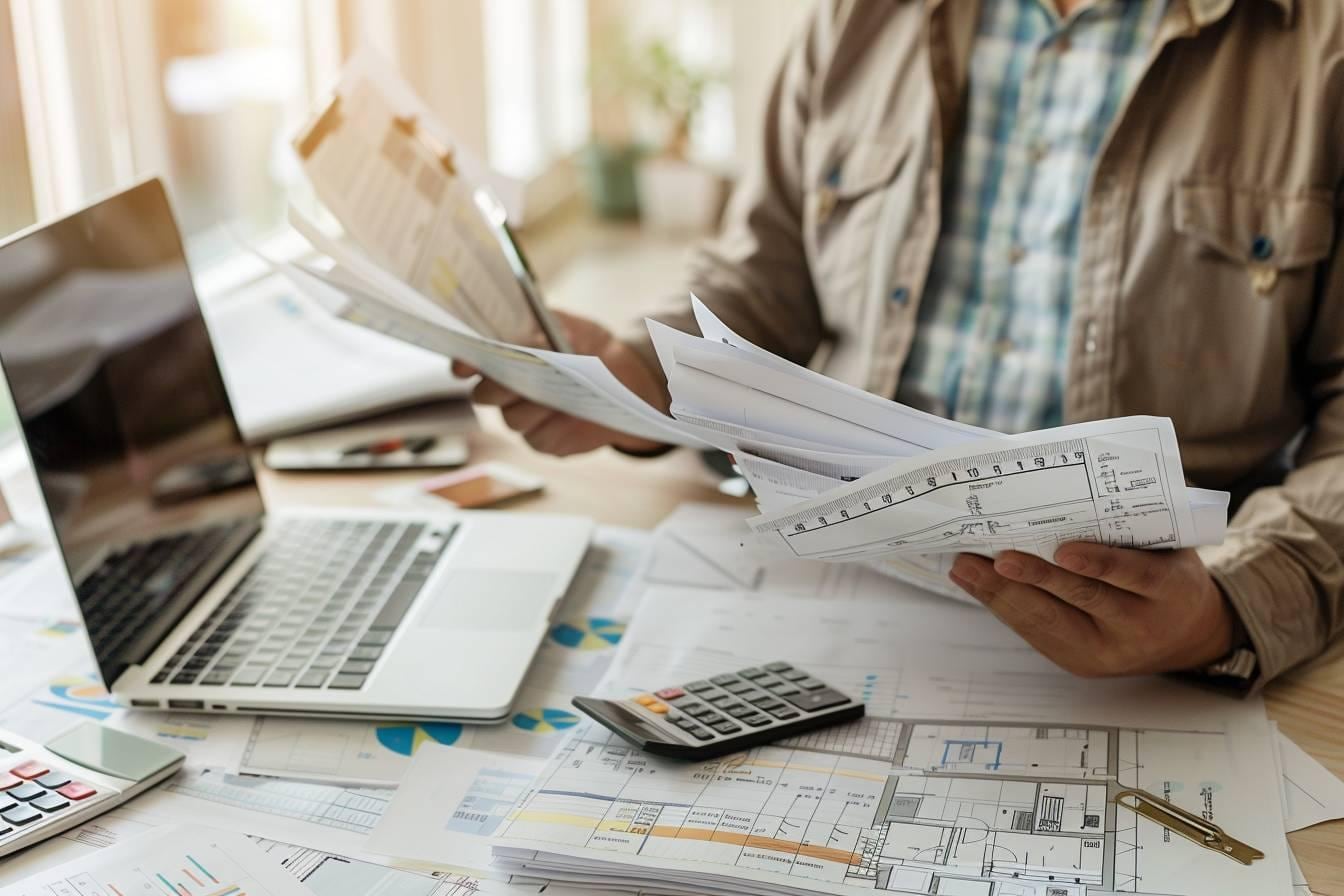 Engin de chantier nivelant un terrain avant la construction, avec plans et devis de terrassement posés au premier plan