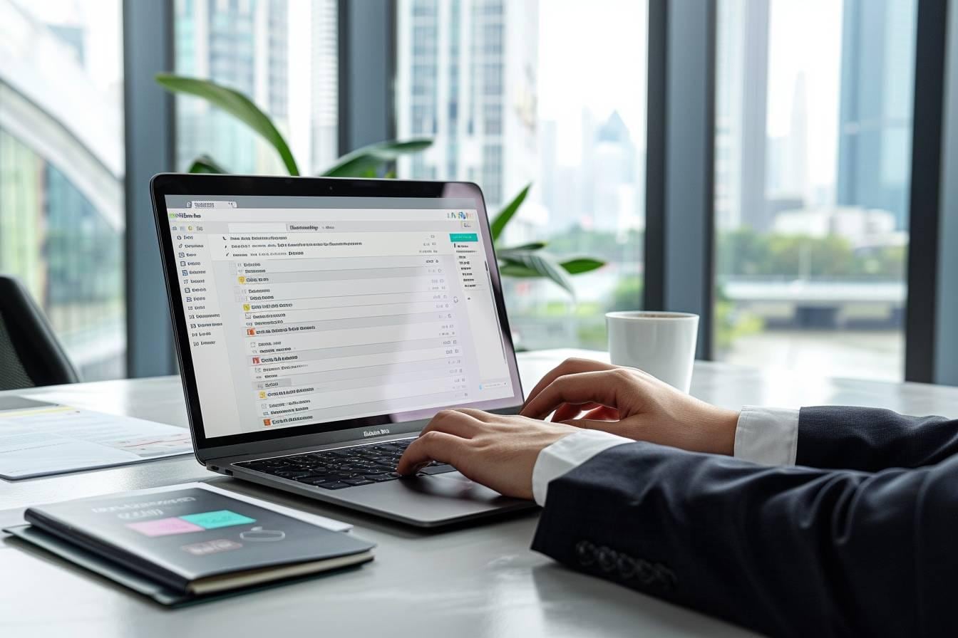 Ordinateur portable affichant une messagerie d’entreprise avec une adresse email personnalisée liée à un nom de domaine