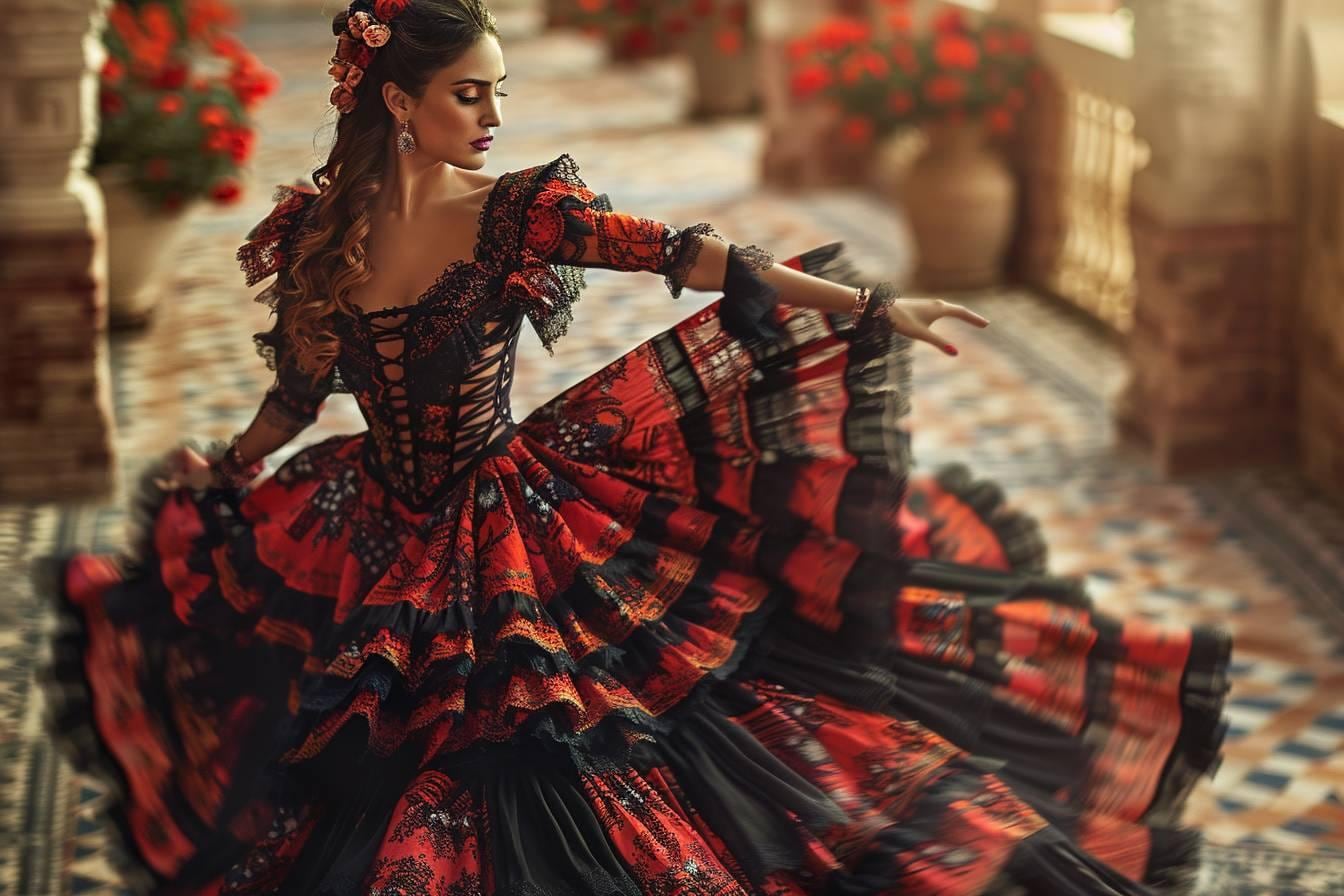 Bailaora en robe de flamenco travaillant les bras et le zapateado dans un studio de danse