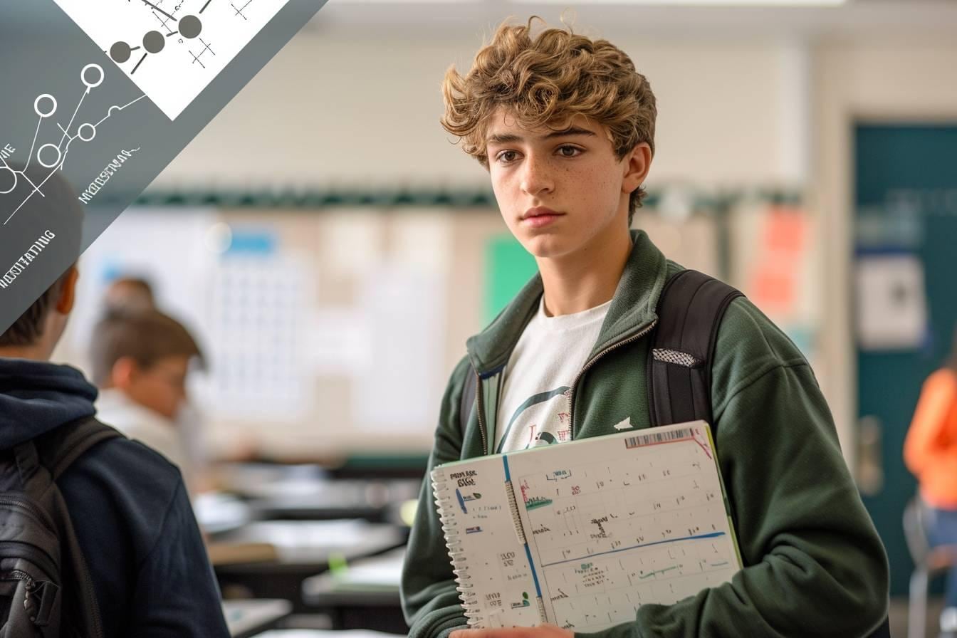Lycéenne travaillant des exercices de mathématiques avec un cahier, une calculatrice et des graphiques sur son bureau