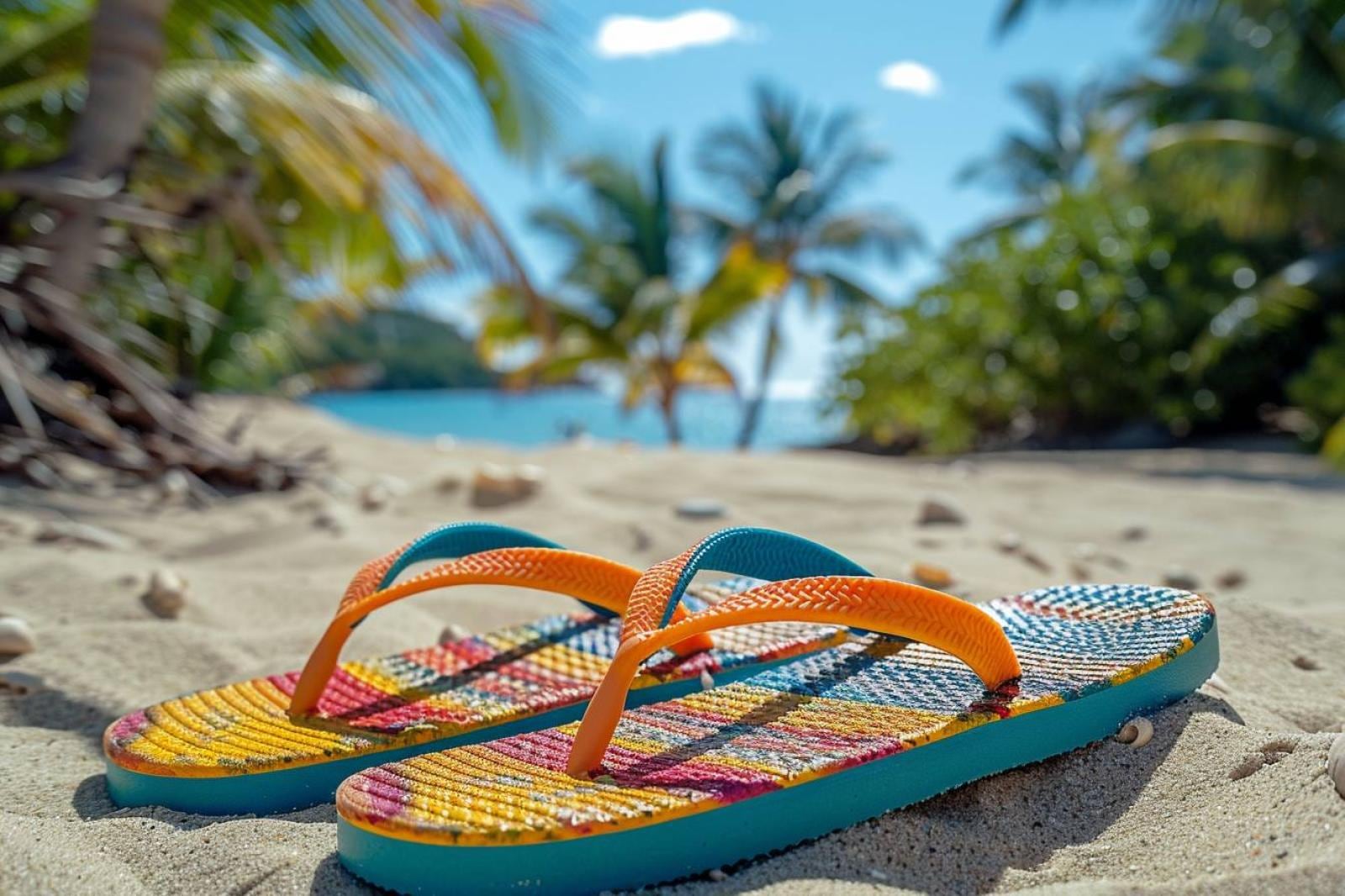 Paire de tongs colorées posées sur le sable près de l’eau, avec leurs brides en Y entre les orteils