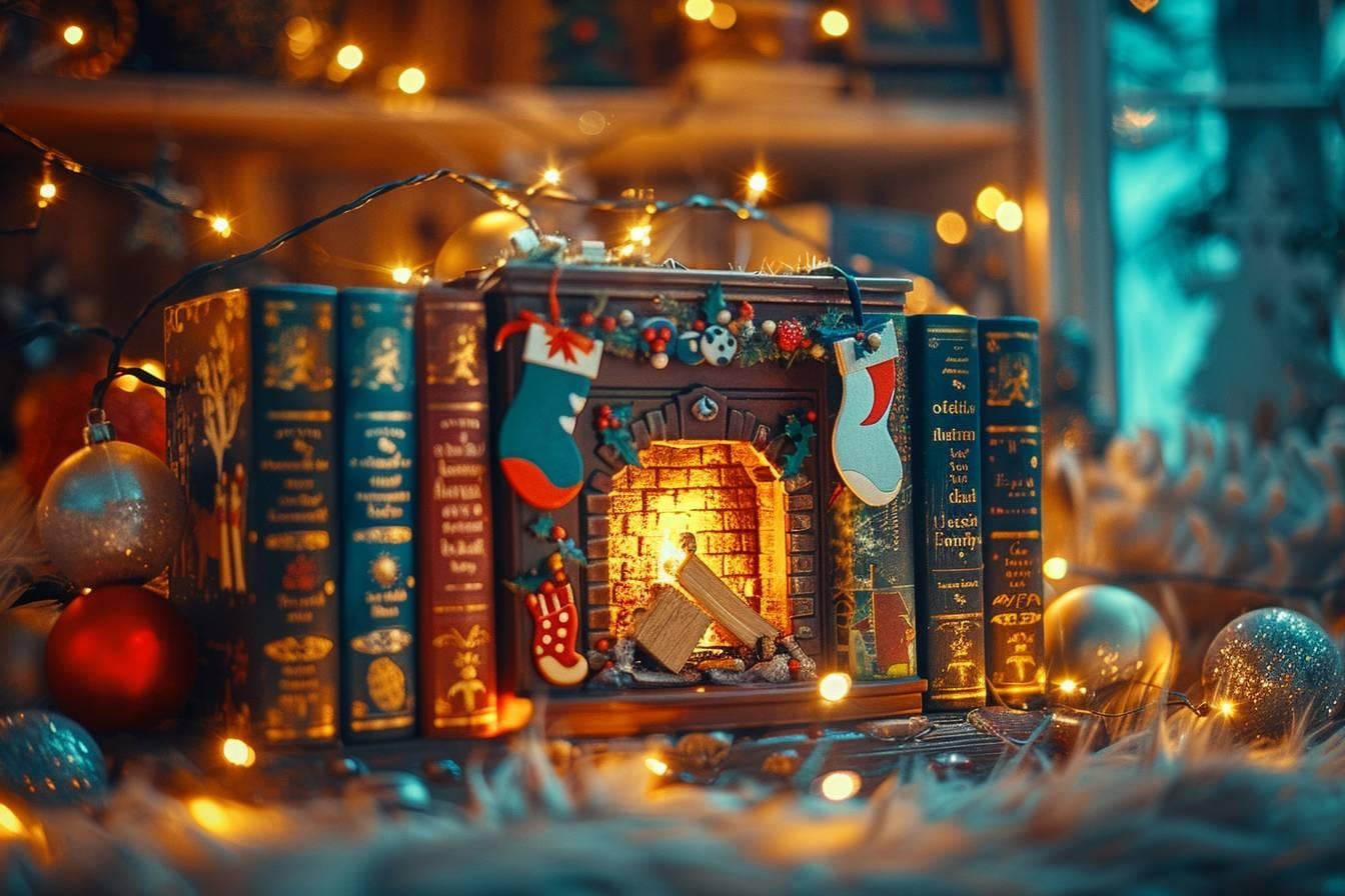 Calendrier de l’Avent en papier avec vingt-quatre pochettes numérotées, un livre ouvert et des décorations de Noël sur une table en bois