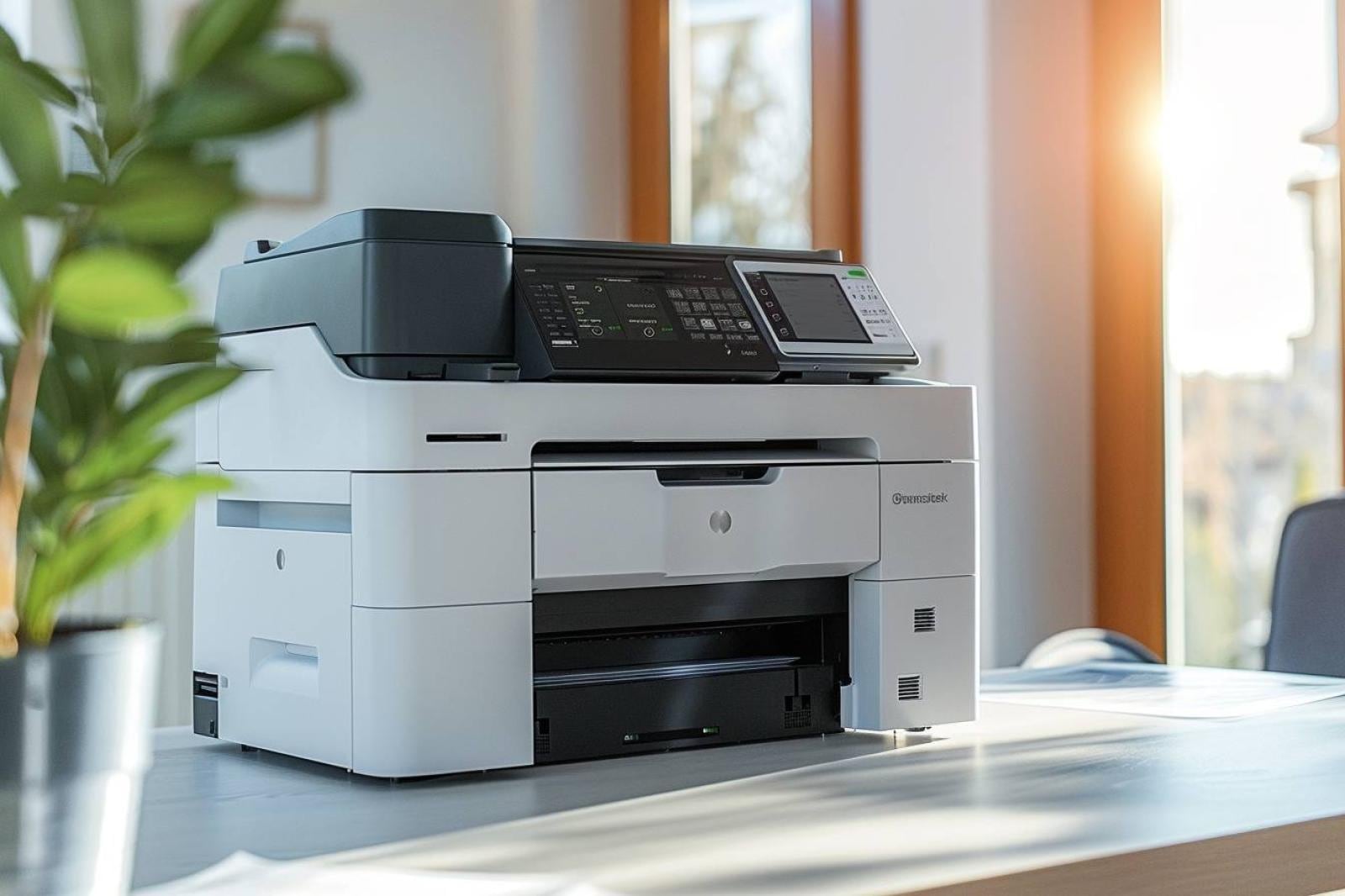 Imprimante multifonction blanche posée sur un bureau à domicile, avec feuilles imprimées, ordinateur portable et fournitures de bureau