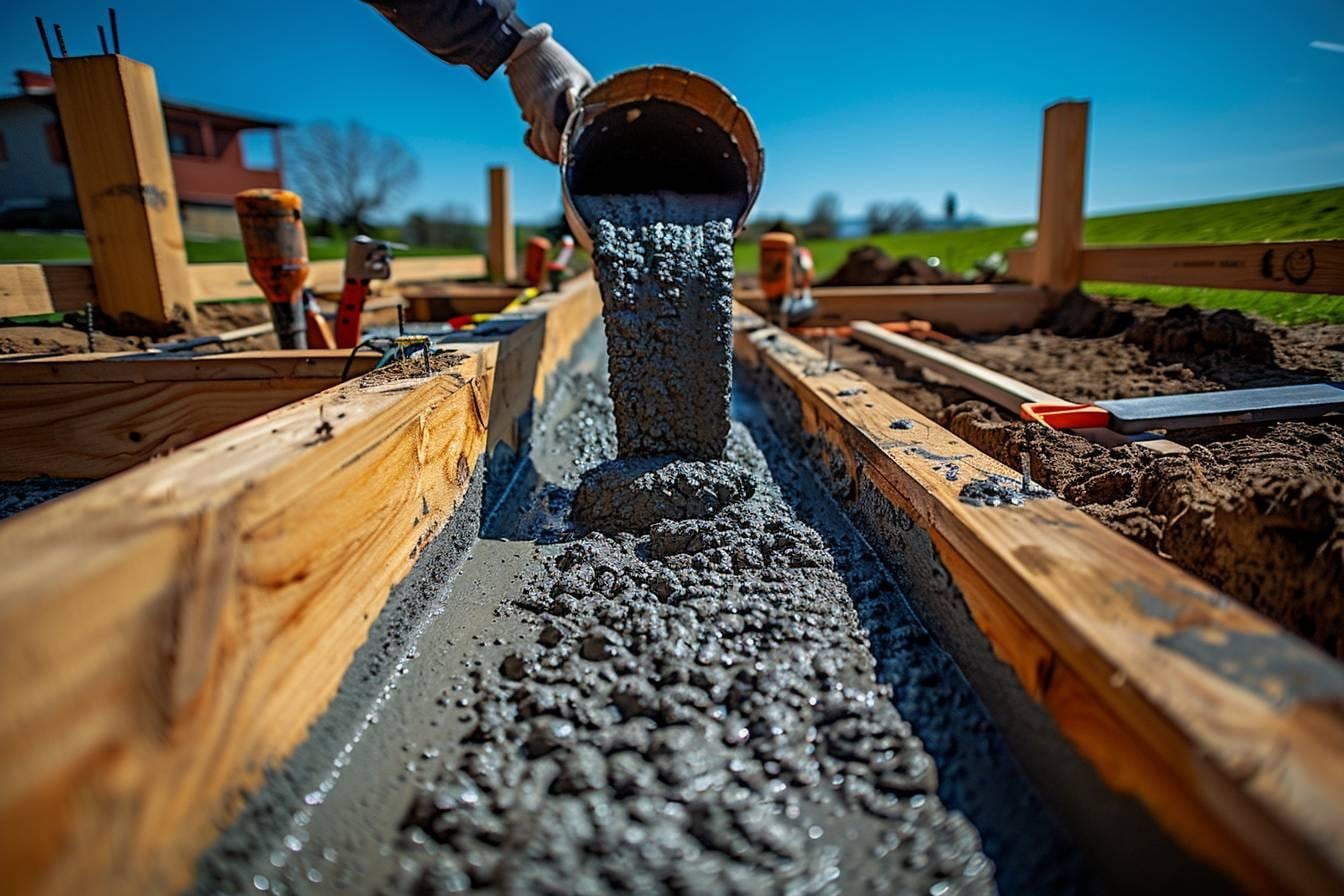 Terrasse en béton en cours de préparation avec coffrage, couche de granulats compactés et treillis soudé