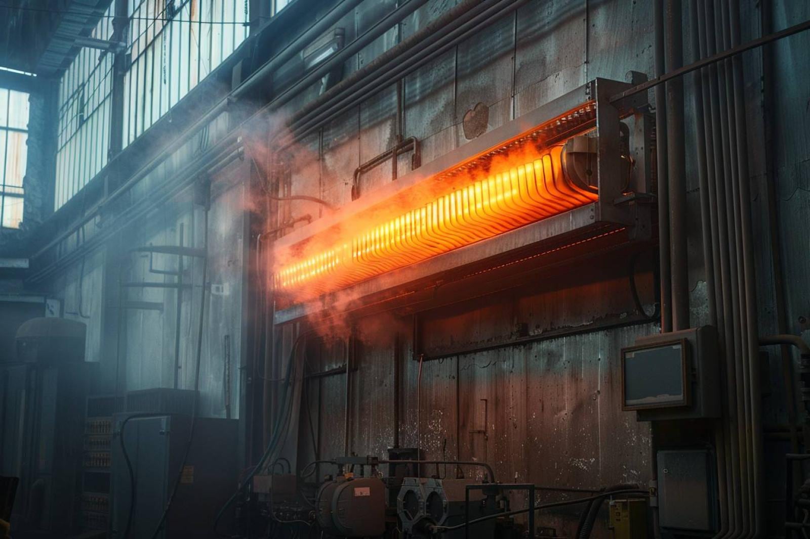 Aérothermes à gaz suspendus chauffant l’intérieur d’un vaste atelier industriel