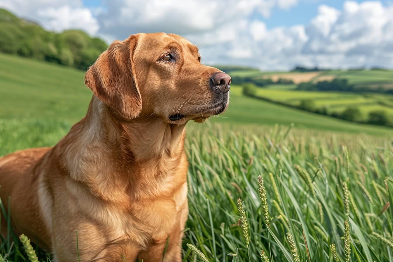 Chien de chasse de type épagneul en arrêt dans une prairie, attentif à une odeur