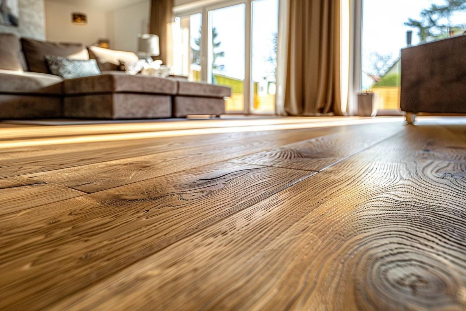 Plancher en bois clair dans une pièce lumineuse, avec détail de lames de parquet et de leurs joints