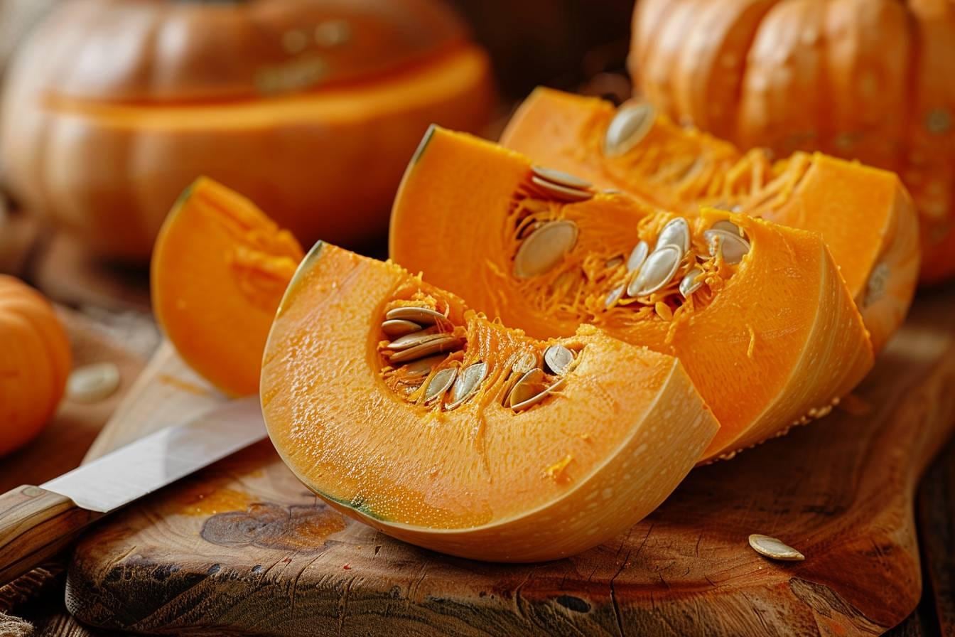 Morceaux de courge butternut fraîchement coupés rangés dans une boîte hermétique au réfrigérateur