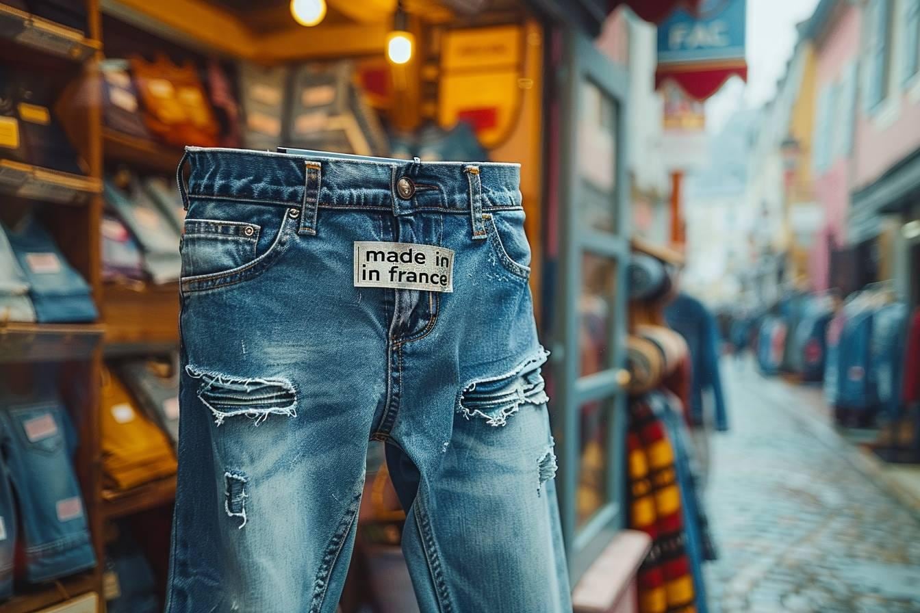 Jeans en denim en cours de confection sur une table d’atelier textile français