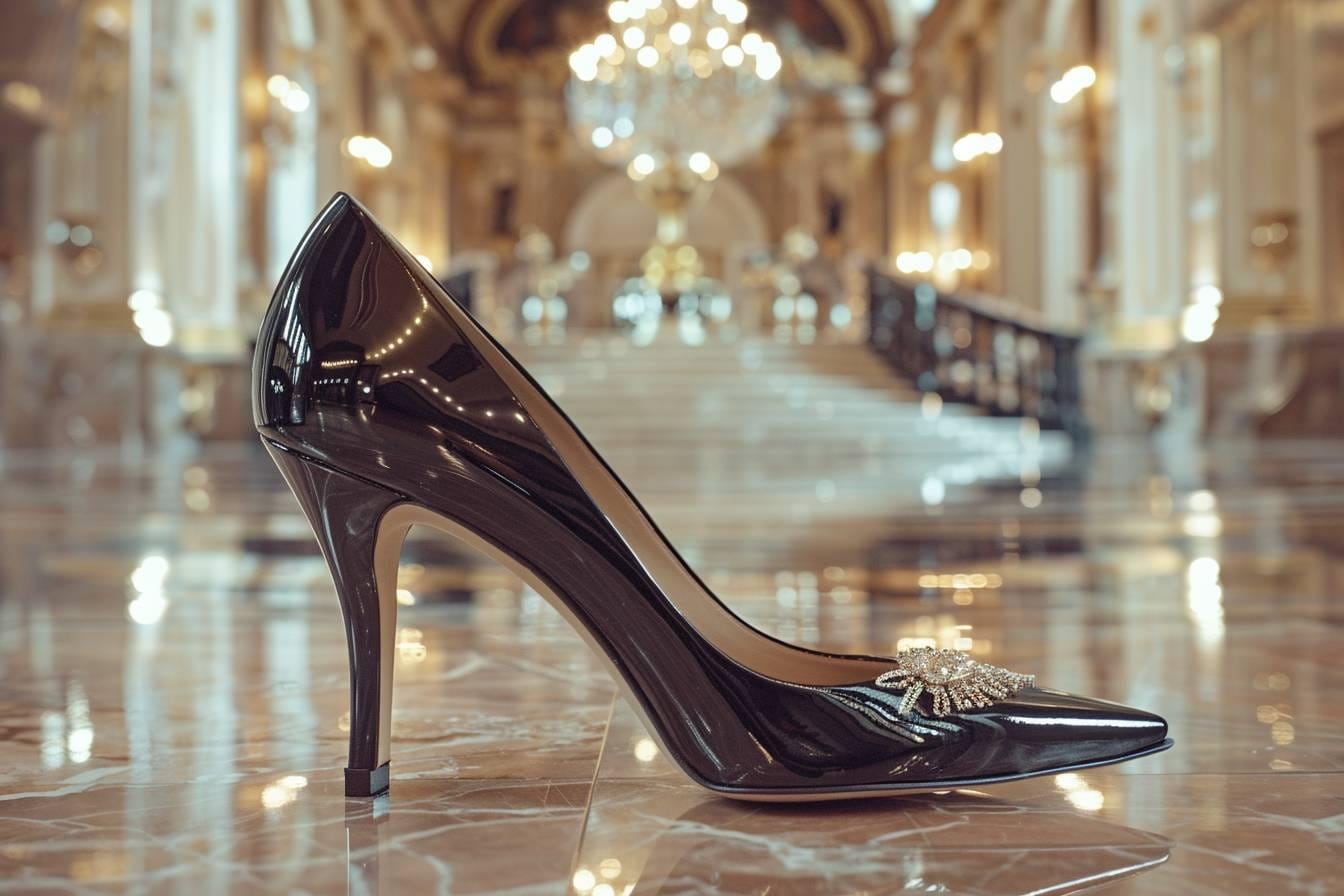 Paire d’escarpins élégants à talons posée près d’une tenue de cérémonie féminine