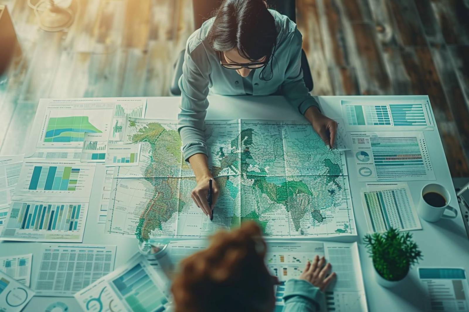 Responsable commercial analysant une carte territoriale avec données clients, zones de vente et concurrents