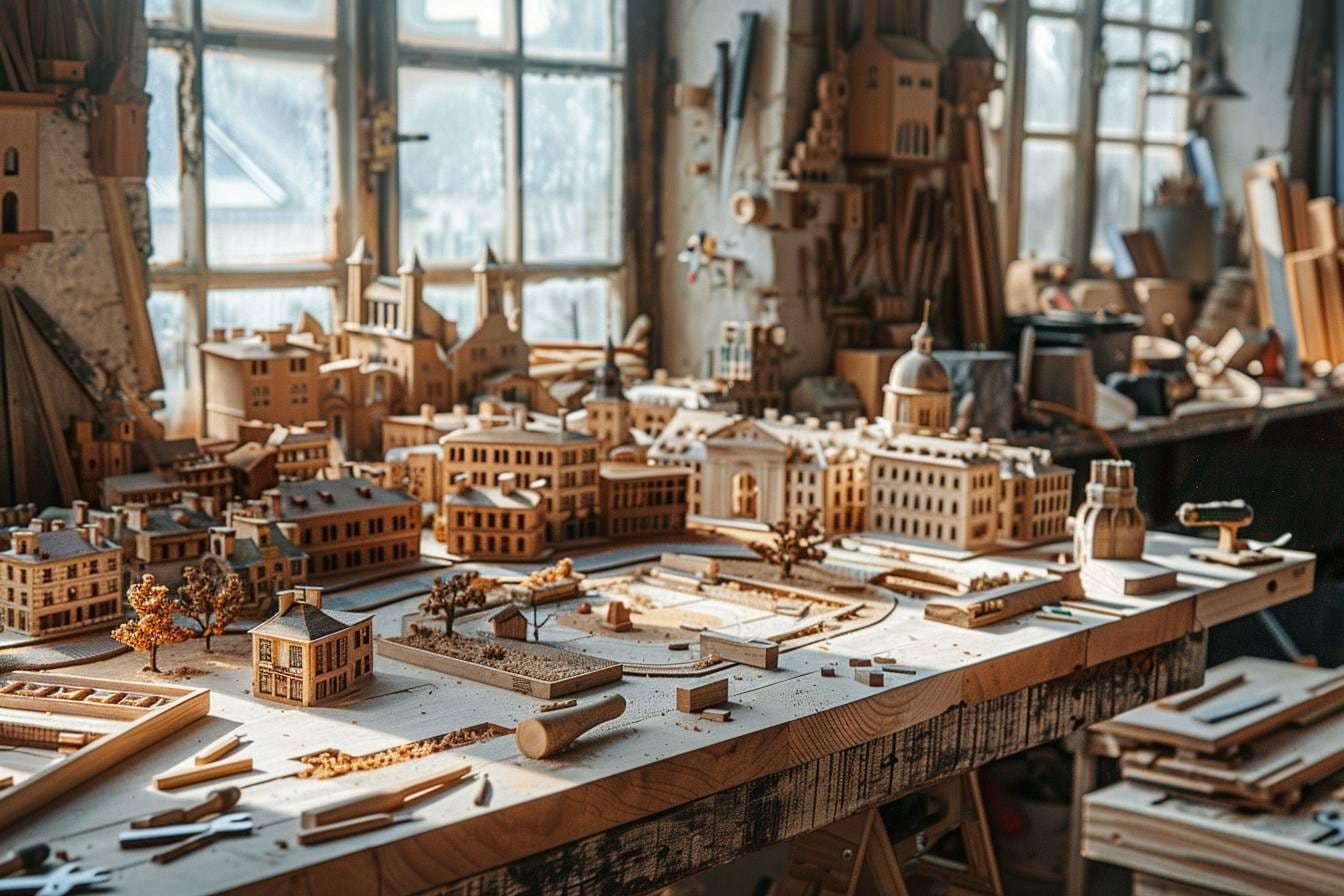 Maquette de ville miniature en bois avec maisons, rues, arbres et place centrale sur une base rectangulaire
