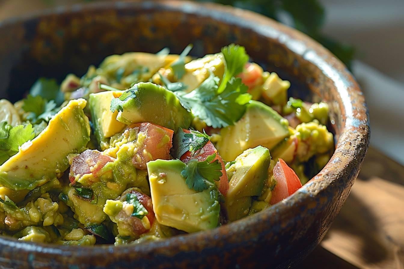 Bol de guacamole vert accompagné de quartiers de citron vert et d’avocats, prêt à être conservé