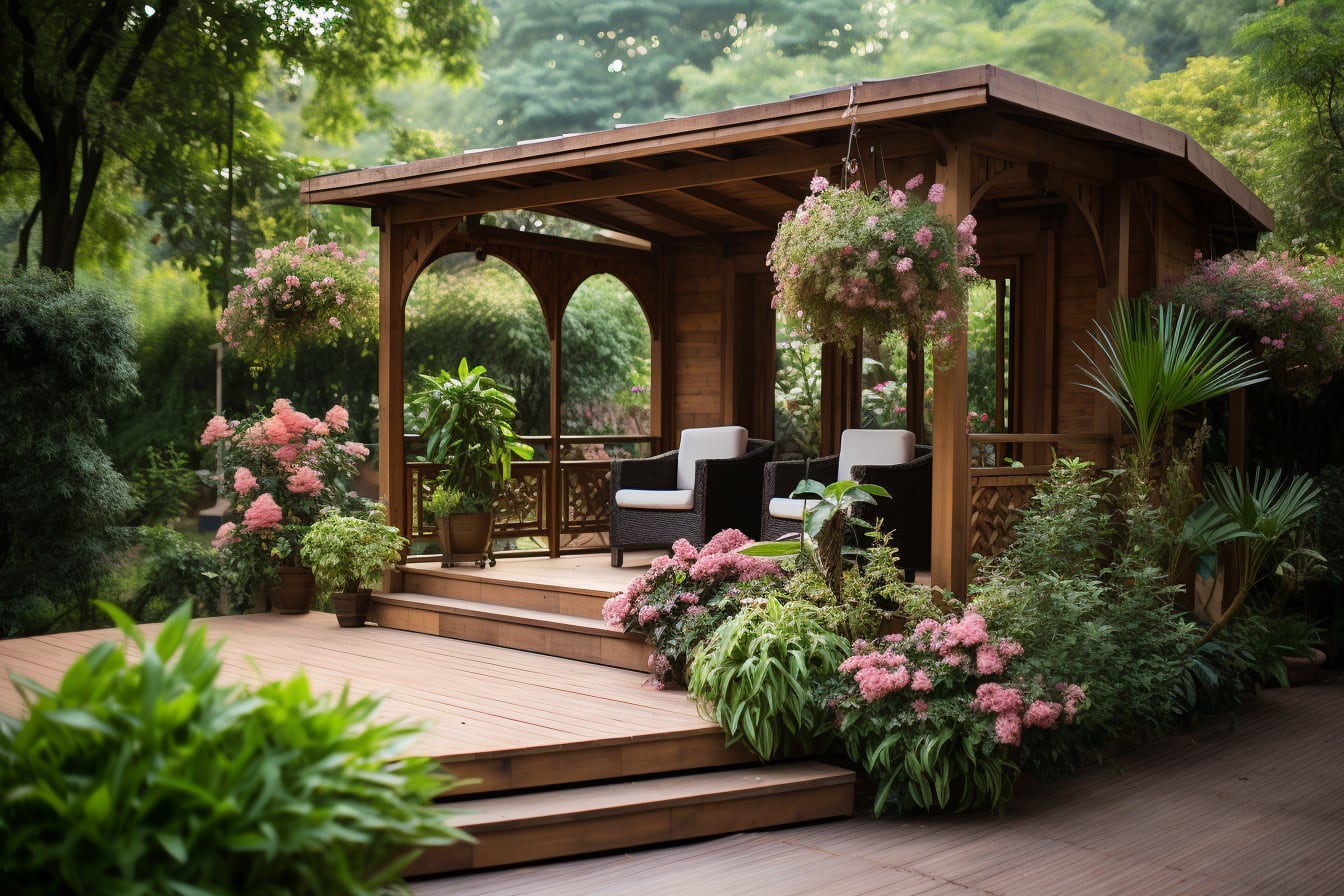 Pergola en bois couverte de canisses naturelles au-dessus d’une terrasse de jardin ombragée
