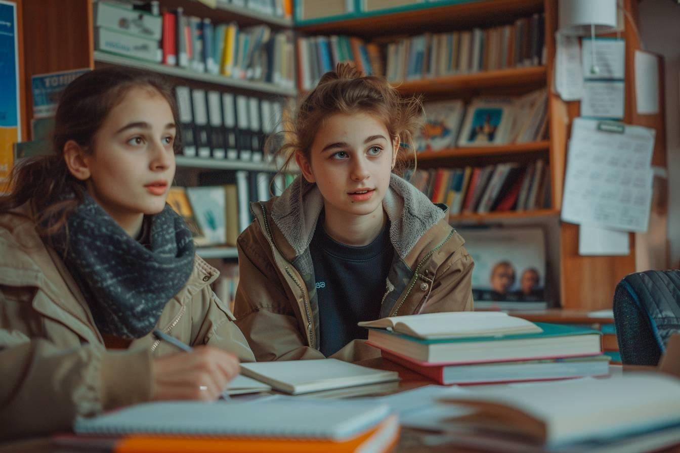 Un adolescent travaille avec un tuteur autour de cahiers et de fiches de révision dans un cadre calme