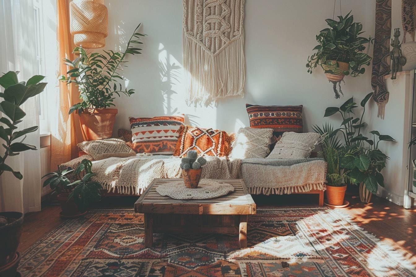Salon bohème chic lumineux avec canapé neutre, tapis en fibres naturelles, table en bois, coussins texturés et plantes vertes