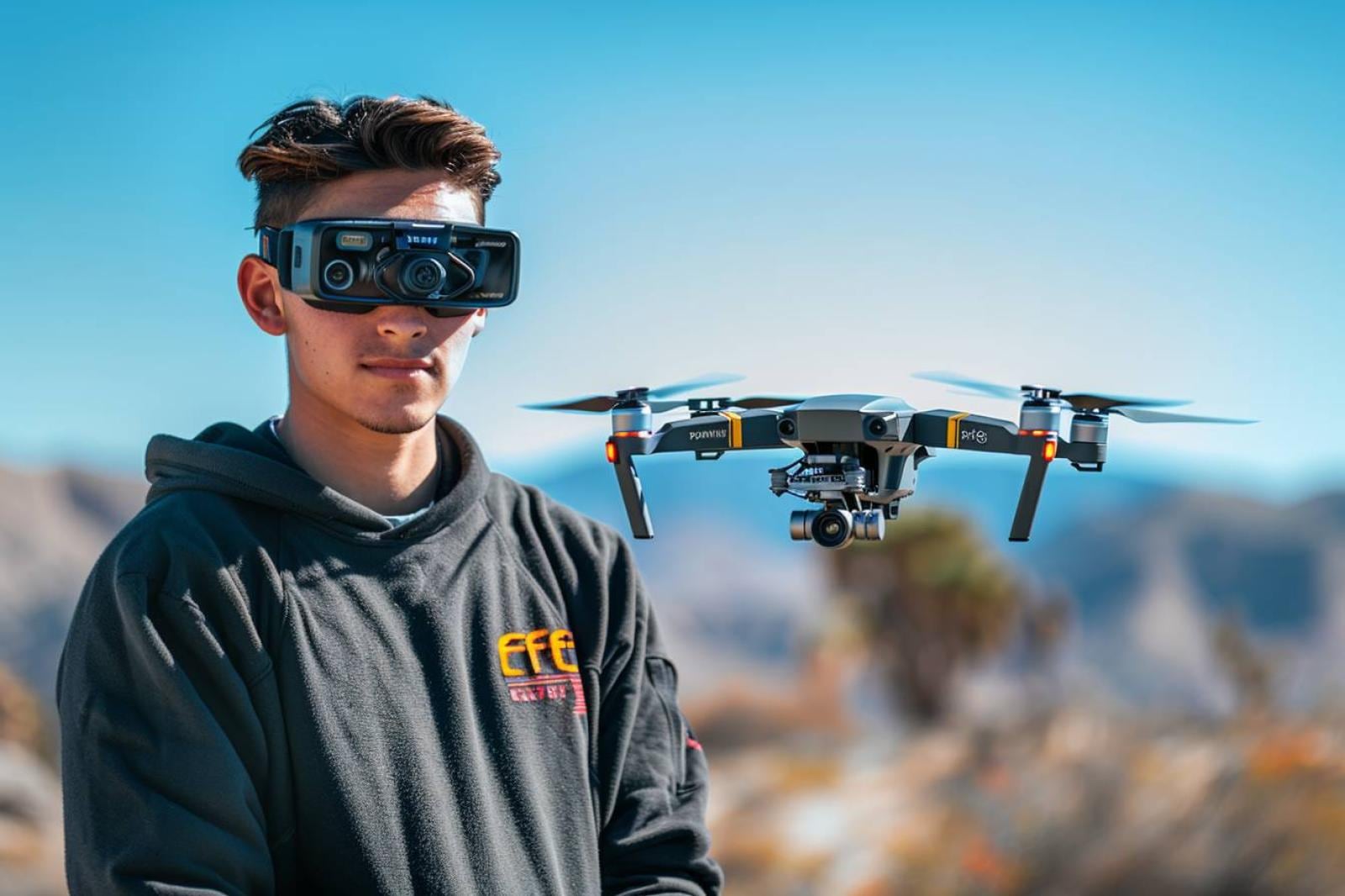 Télépilote portant des lunettes FPV avec un drone posé au sol, observant un espace aérien dégagé