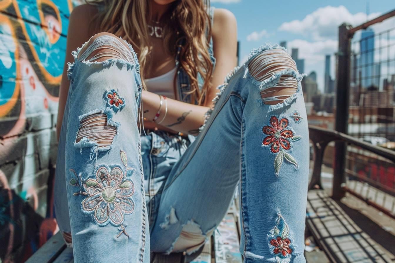 Jean en denim bleu orné de broderies colorées, posé à plat avec un filet de lavage et une lessive douce