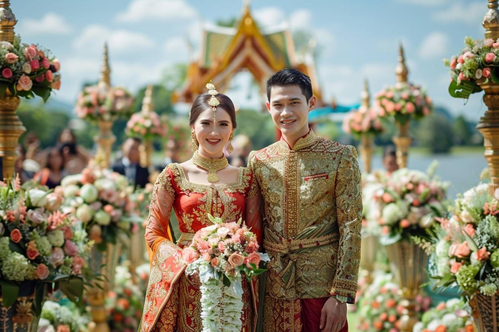 Couple en tenue de mariage thaïlandaise recevant la bénédiction de proches lors d’une cérémonie traditionnelle