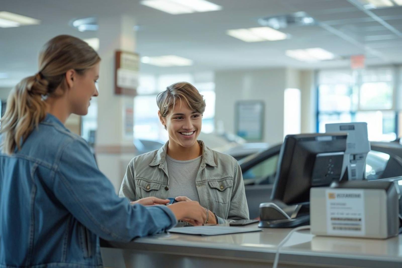 Cliente répondant à un questionnaire de satisfaction sur son téléphone après avoir restitué un véhicule de location