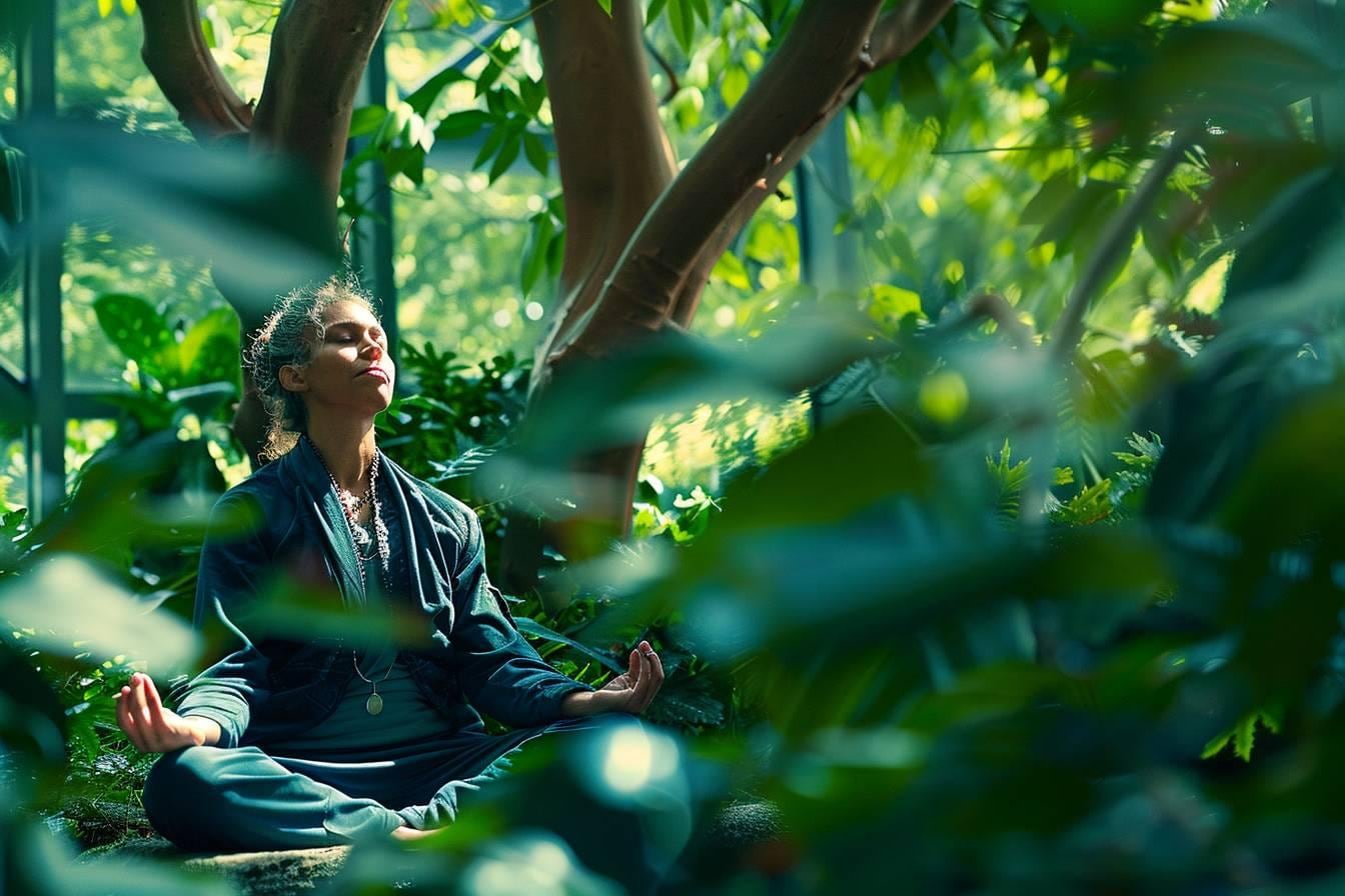 Personne assise sur un tapis dans une posture de méditation, les mains posées sur les genoux, dans une pièce lumineuse et apaisante