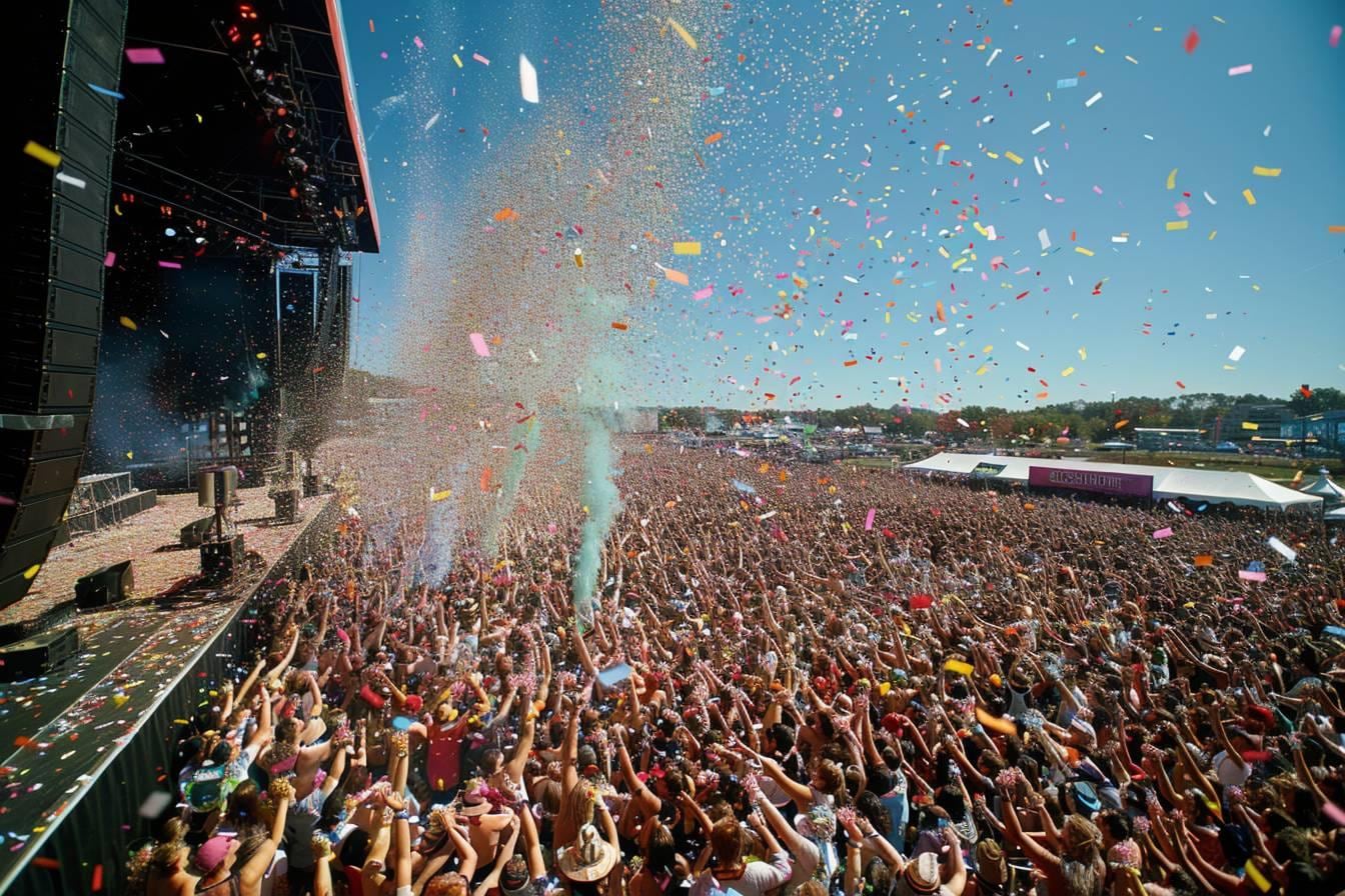 Scène de concert dans un stade avec une foule en fête sous une pluie de confettis colorés