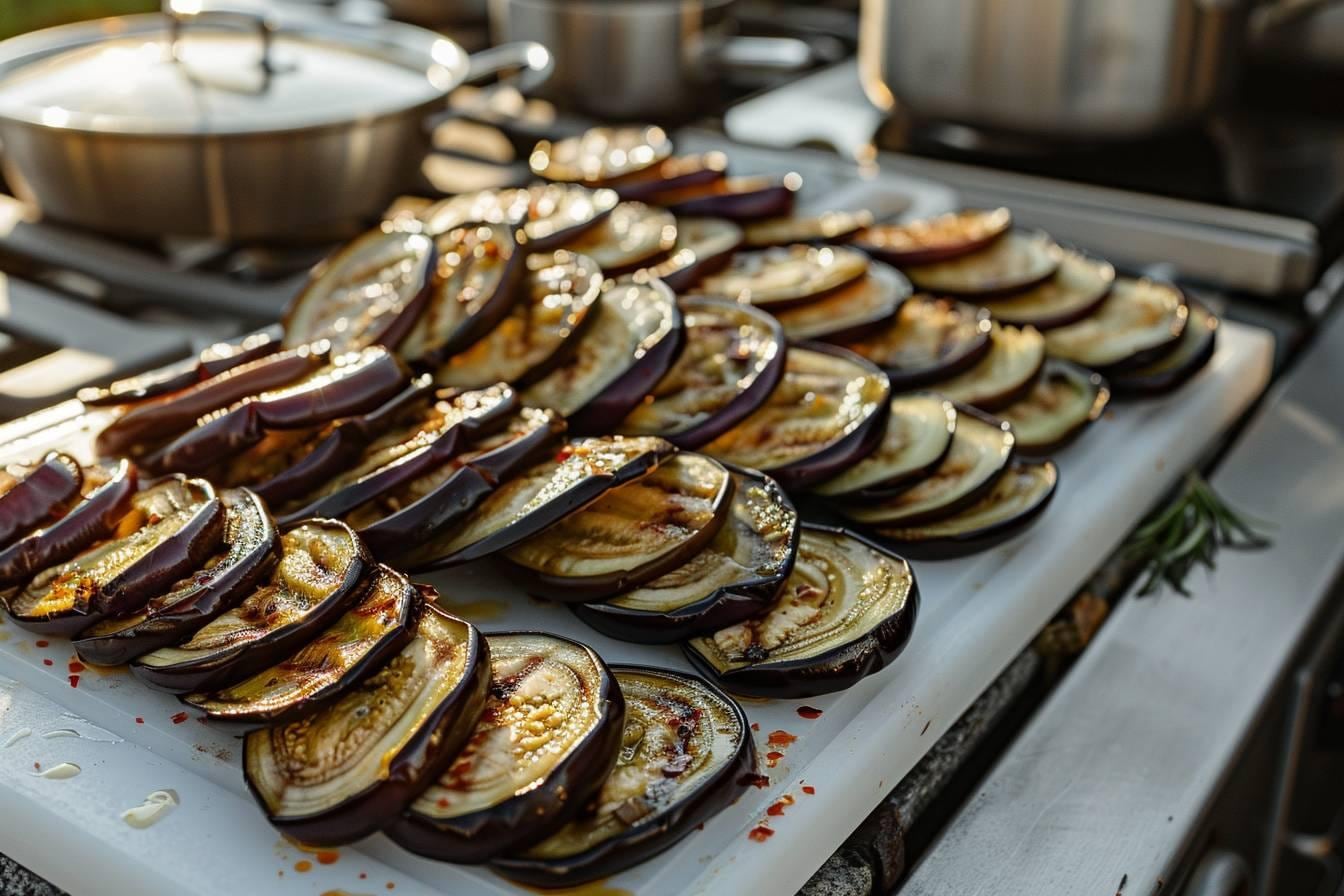Aubergines violettes coupées en dés et en tranches, préparées sur une plaque avant congélation