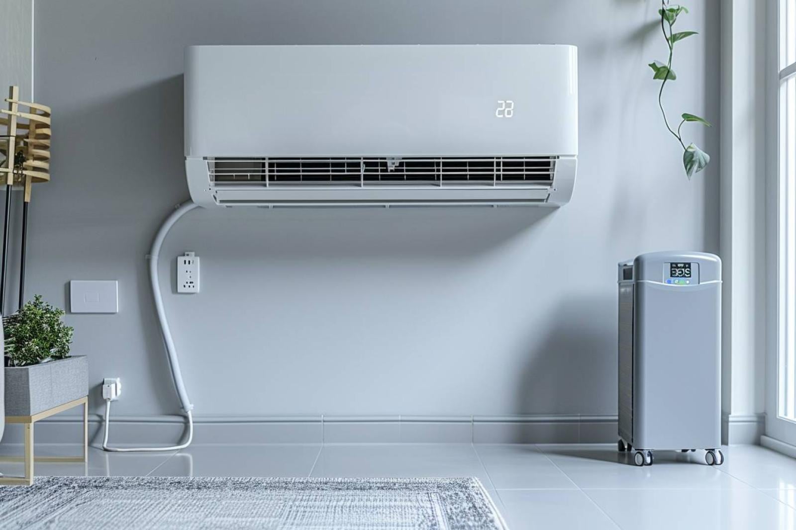 Climatiseur mobile près d’une fenêtre et unité extérieure d’une climatisation fixe sur une façade