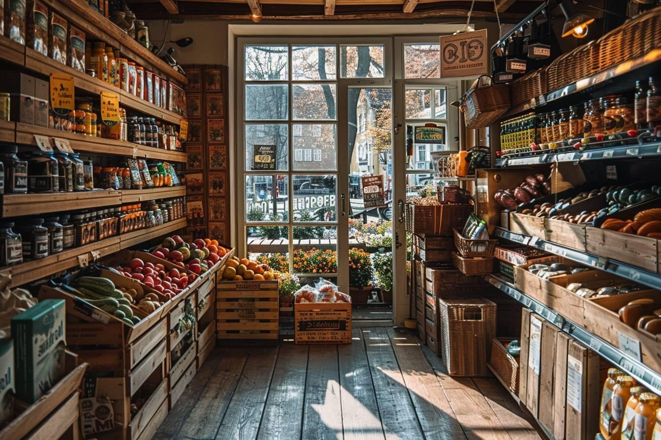 Devanture accueillante d’une petite épicerie de village avec fruits, légumes et produits locaux exposés