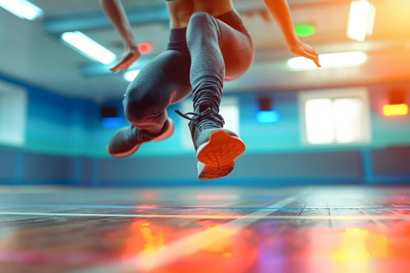 Danseuse s’entraînant à une chorégraphie de fitness devant un smartphone posé sur trépied dans un salon lumineux
