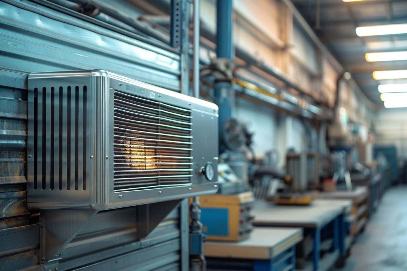 Aérotherme gaz installé en hauteur dans un atelier professionnel, soufflant de l’air chaud dans un grand espace