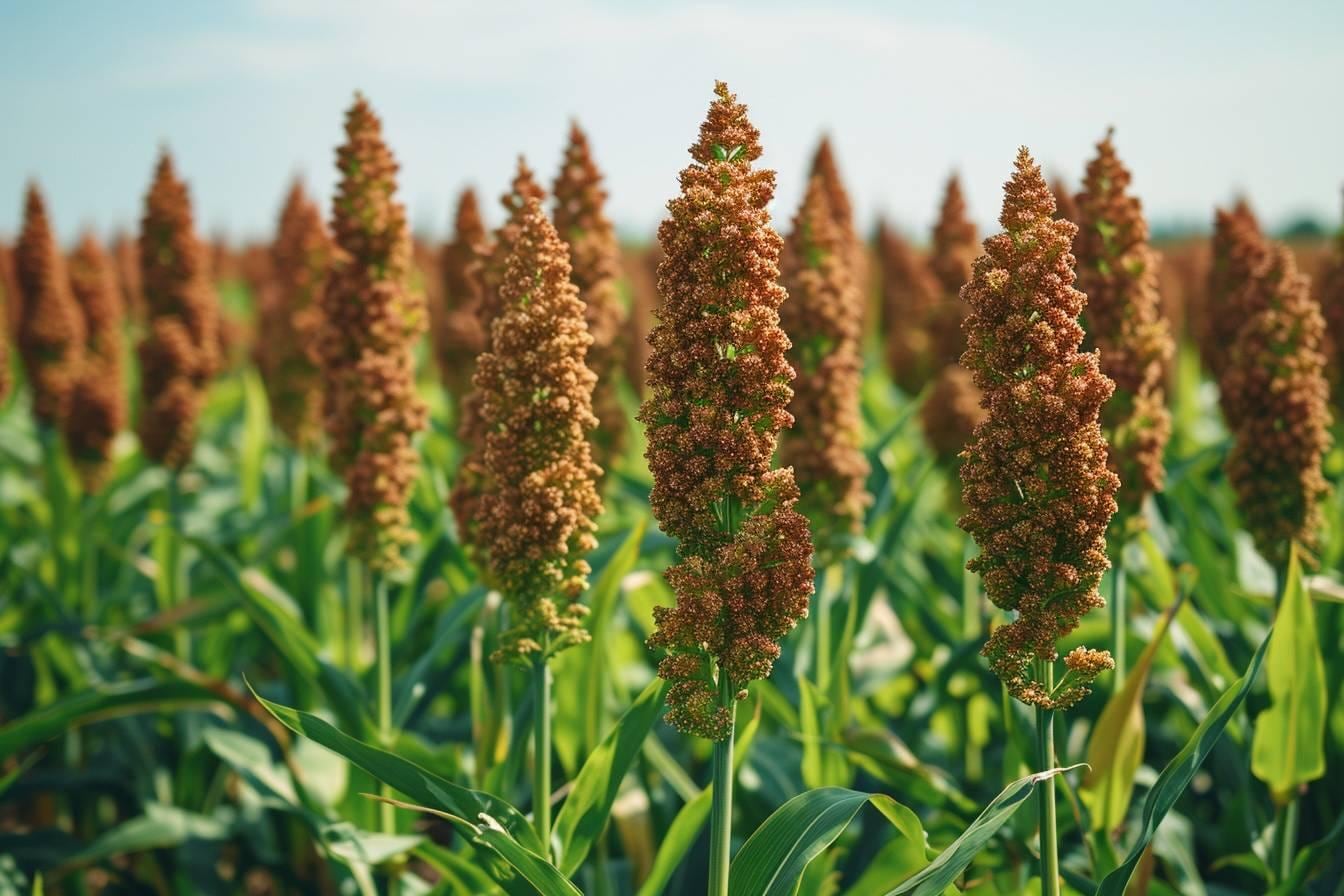 Épis de sorgho aux grains rouges et dorés dans un champ baigné de soleil