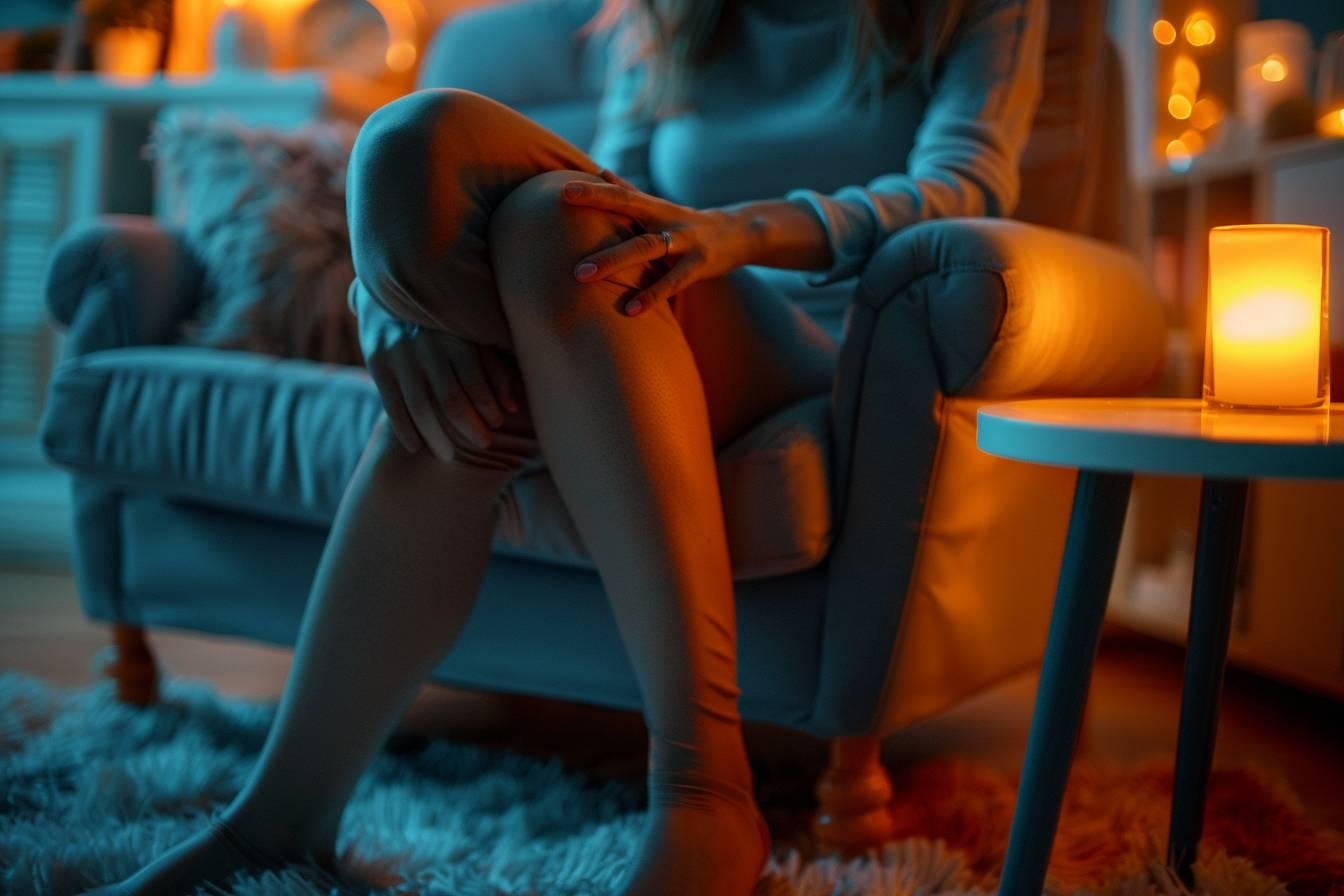 Personne assise massant son mollet tendu après une journée stressante