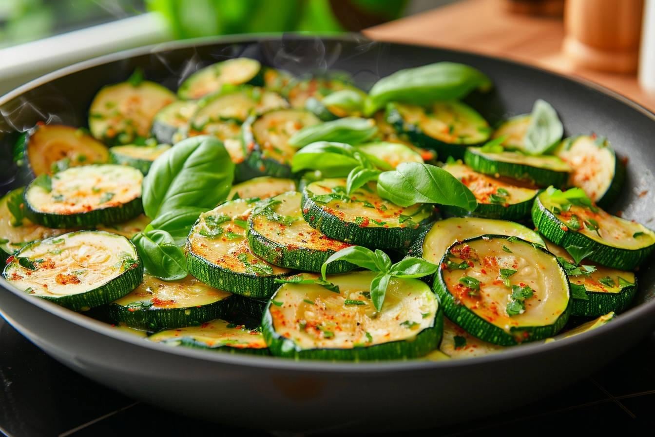Poêlée de courgettes dorées aux herbes fraîches et au citron dans une grande sauteuse