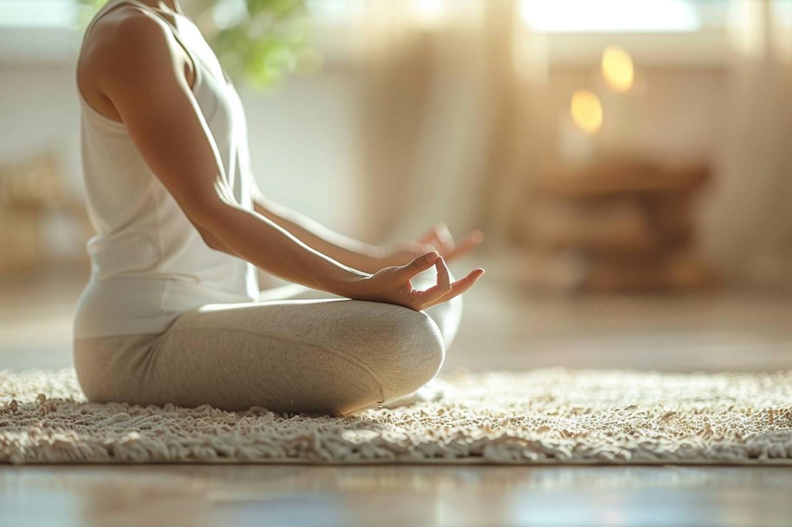 Personne assise sur un tapis de yoga dans une posture méditative, les yeux fermés et les mains posées sur les genoux