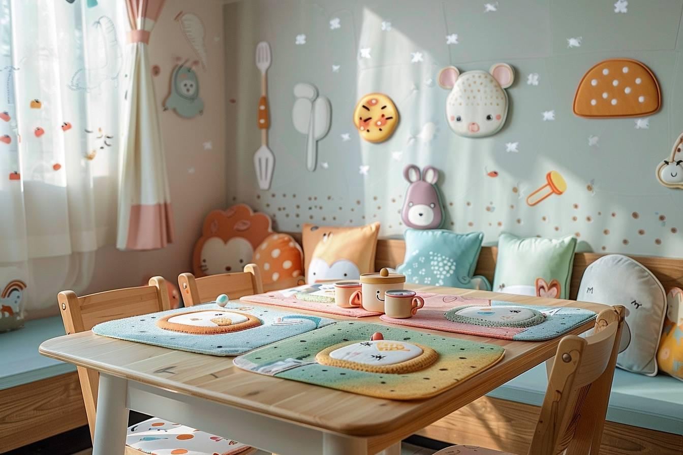 Salle à manger familiale avec table en bois, chaise haute, vaisselle enfant colorée et rangements pratiques à hauteur d’enfant