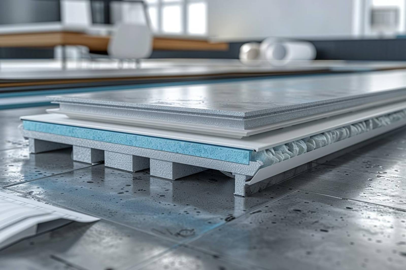 Coupe technique d’un plancher isolé montrant dalle, panneaux isolants, chape et liaison avec un mur extérieur