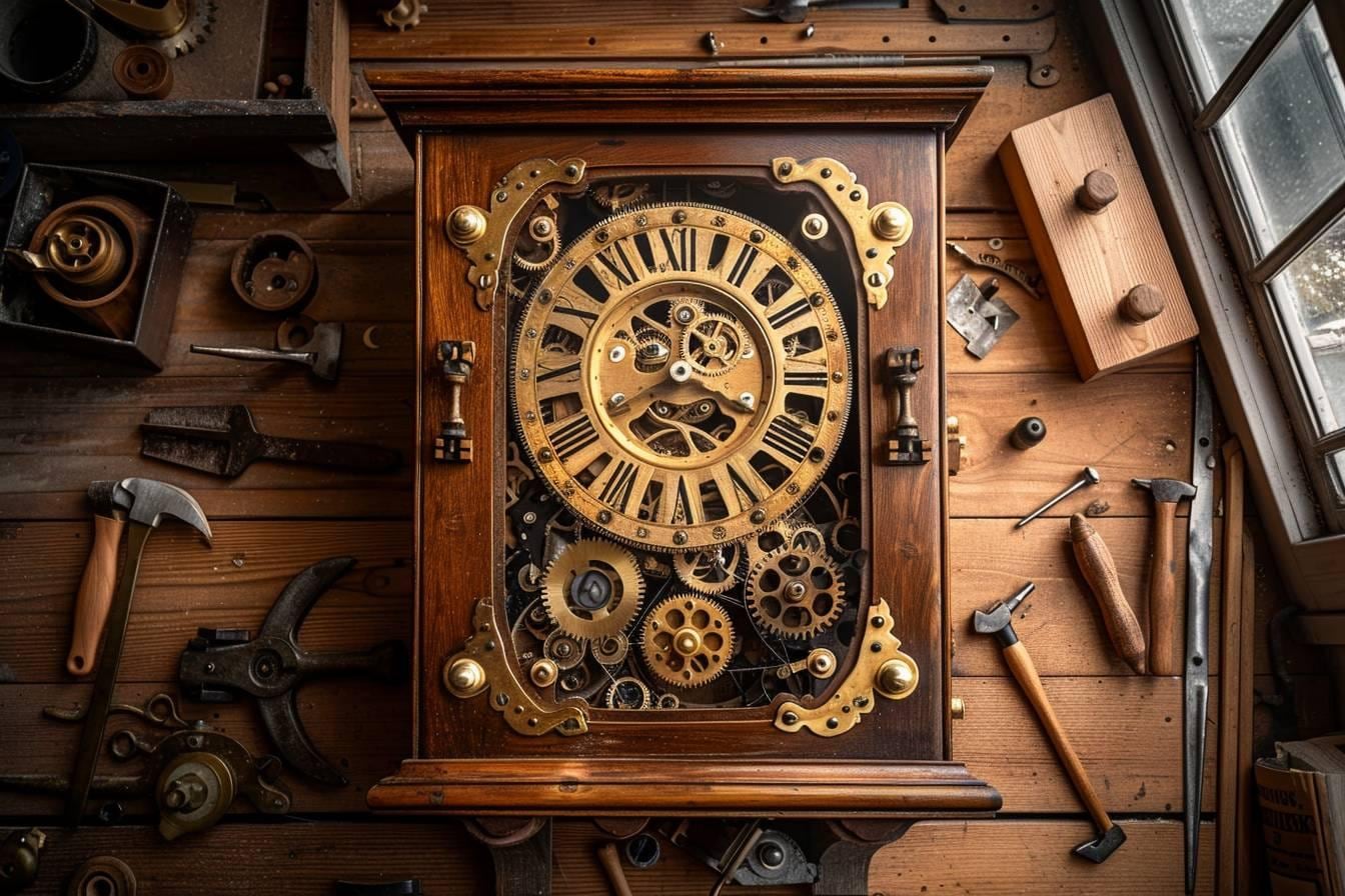Mécanisme en laiton démonté d’une horloge comtoise ancienne, avec roues dentées, platines et outils d’horlogerie sur un établi