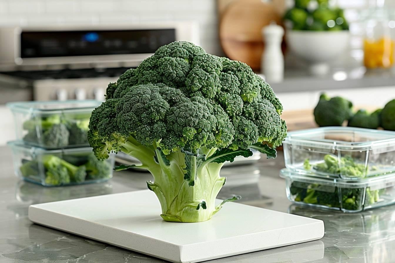 Tête de brocoli vert frais posée près d’un bac à légumes de réfrigérateur