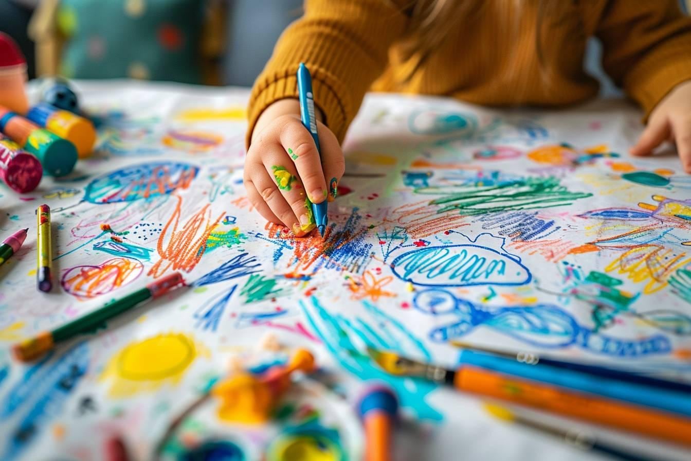 Enfant concentré à une table de coloriage, choisissant des crayons de couleur pour compléter son dessin