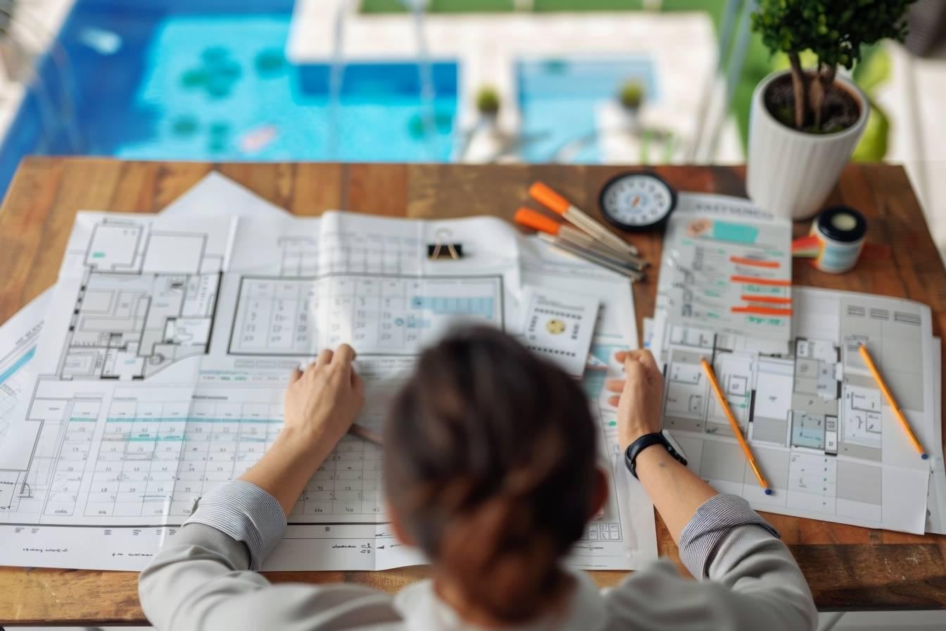 Pisciniste échangeant avec des propriétaires devant le terrassement d’une future piscine dans un jardin