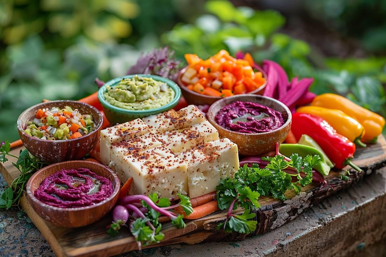 Table d’apéritif vegan colorée avec tartinades, crudités, bouchées de polenta, olives et herbes fraîches