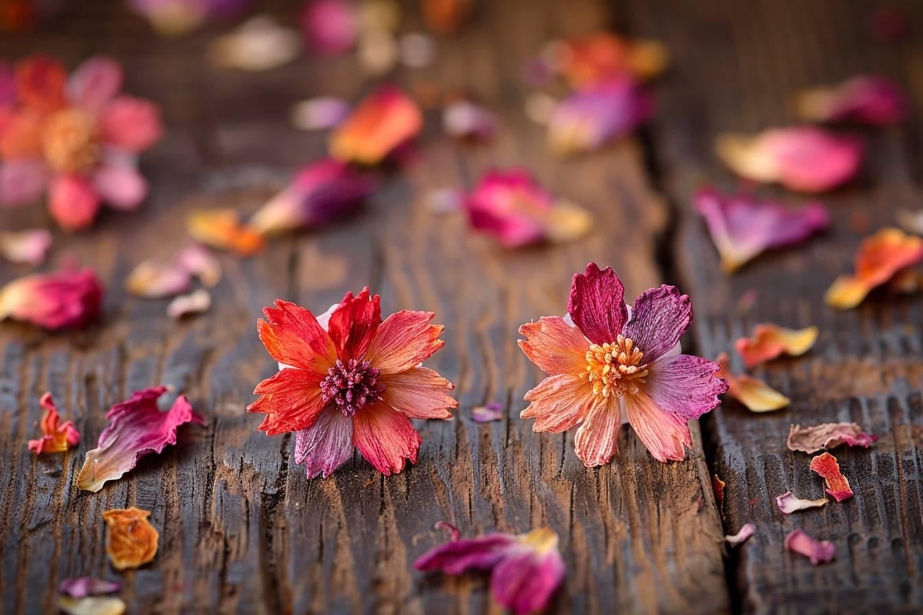 Paire de boucles d’oreilles transparentes en résine contenant de petites fleurs séchées colorées